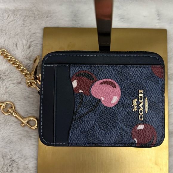 Coach Signature Canvas Cherry Print Zip Wallet Goldtone Chain with clip. ID slot - Picture 2 of 12